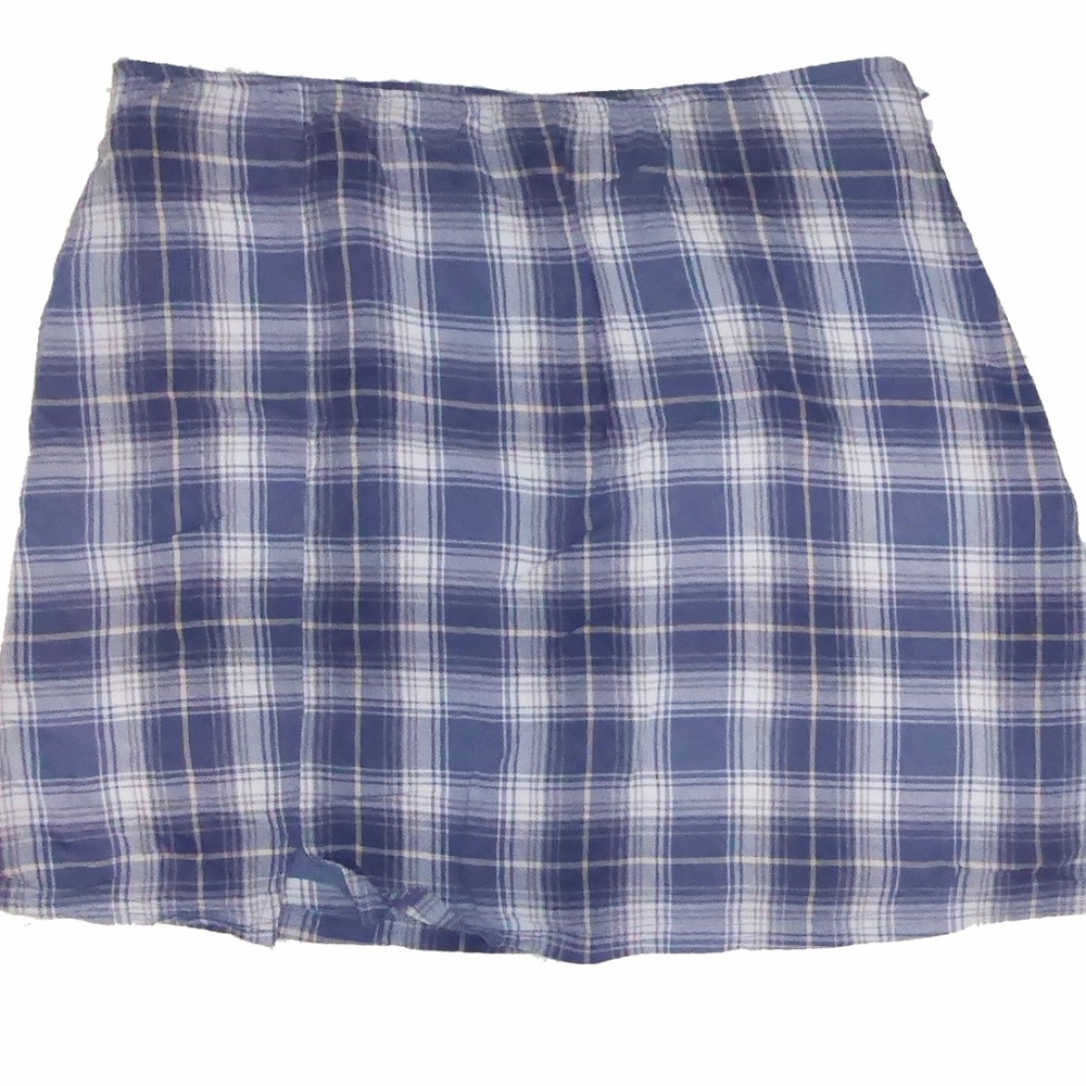 AMERICAN EAGLE MINI SKIRT BLUE PLAID SLIT FRONT SOFT LINED SIDE ZIP M